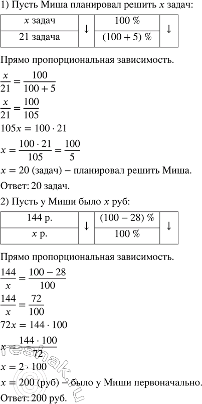 Изображение 6.74. 1) Миша перевыполнил план по решению задач на 5 % и решил 21 задачу. Сколько задач он планировал решить?2) Маша израсходовала на покупку канцелярских товаров 144...
